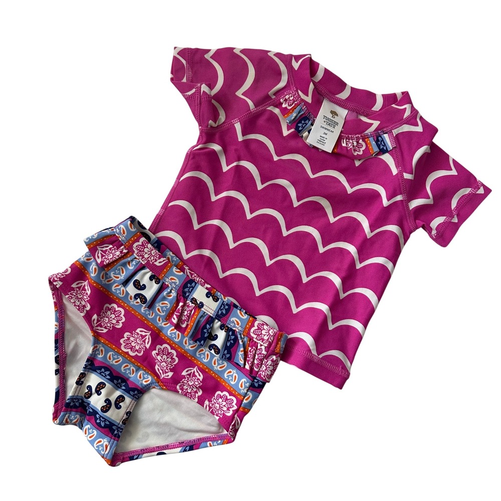 Tucker + Tate Baby Girls Pink Scalloped Rash Guard & Floral Ruffle Swimsuit 3M